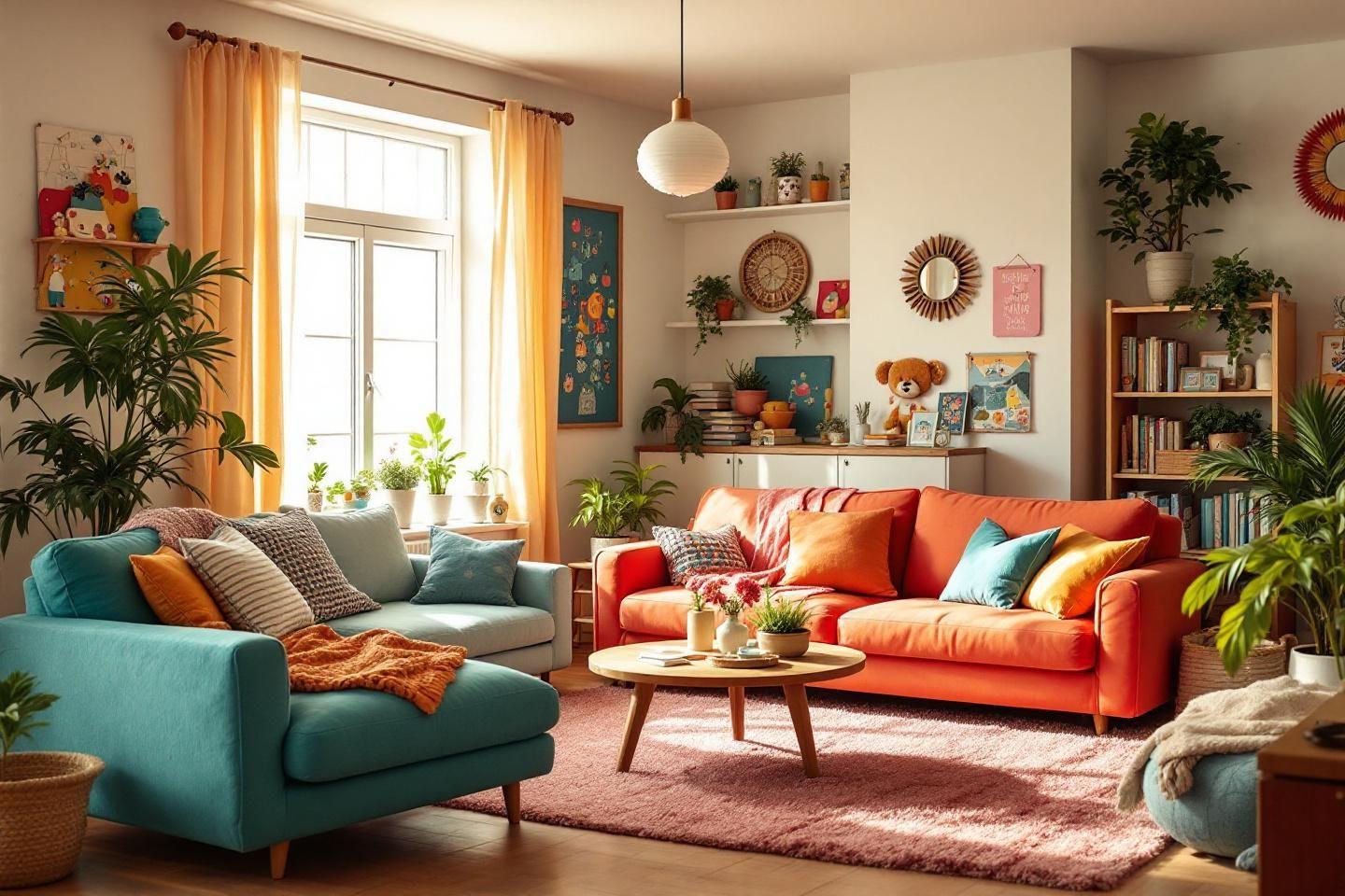 Int&eacute;rieur lumineux avec canap&eacute;s bleu et orange, plantes vertes