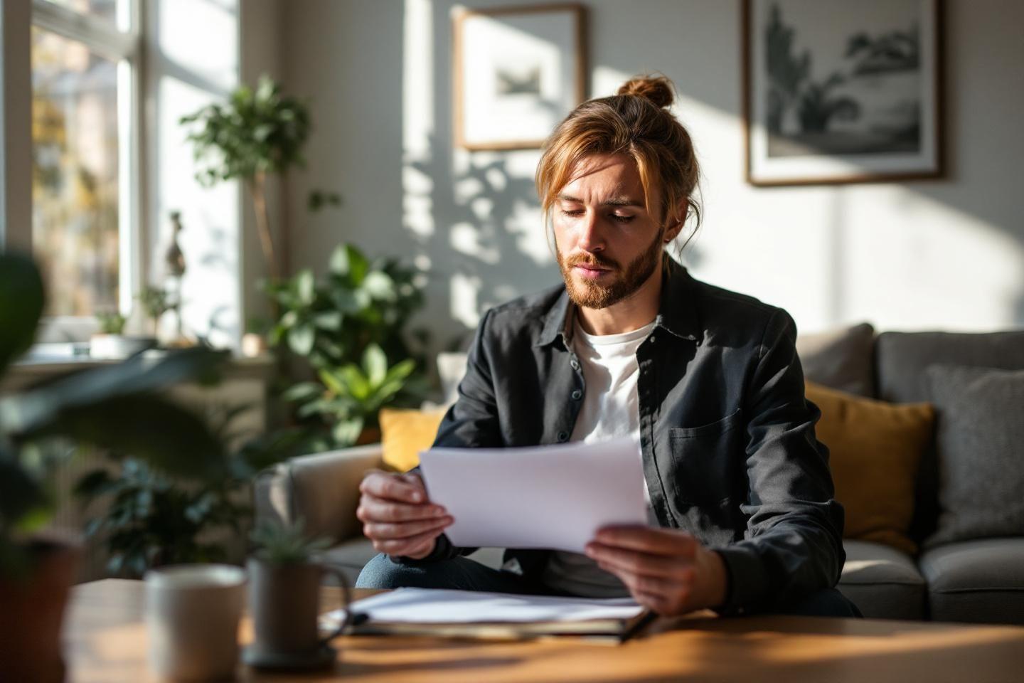 Homme concentr&eacute; lisant un papier dans un int&eacute;rieur lumineux