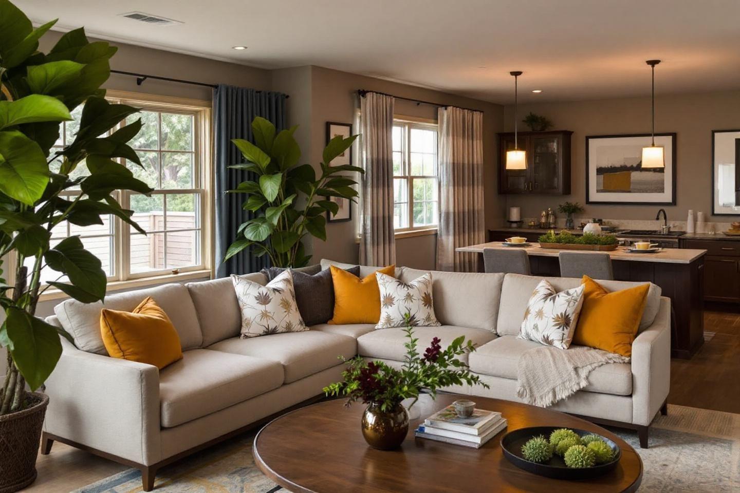 Int&eacute;rieur design avec canap&eacute; blanc, plantes et cuisine ouverte