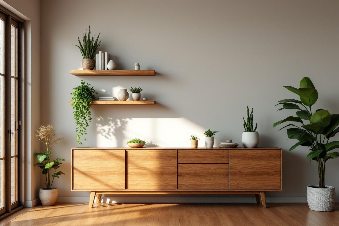 Buffet en bois et &eacute;tag&egrave;res avec plantes et d&eacute;corations
