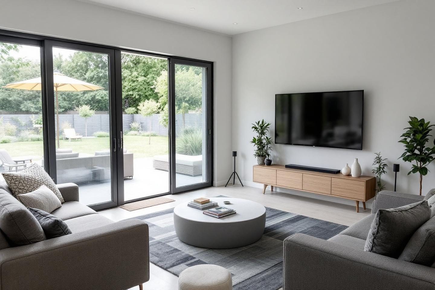 Int&eacute;rieur design avec canap&eacute;s, t&eacute;l&eacute; et baie vitr&eacute;e sur jardin