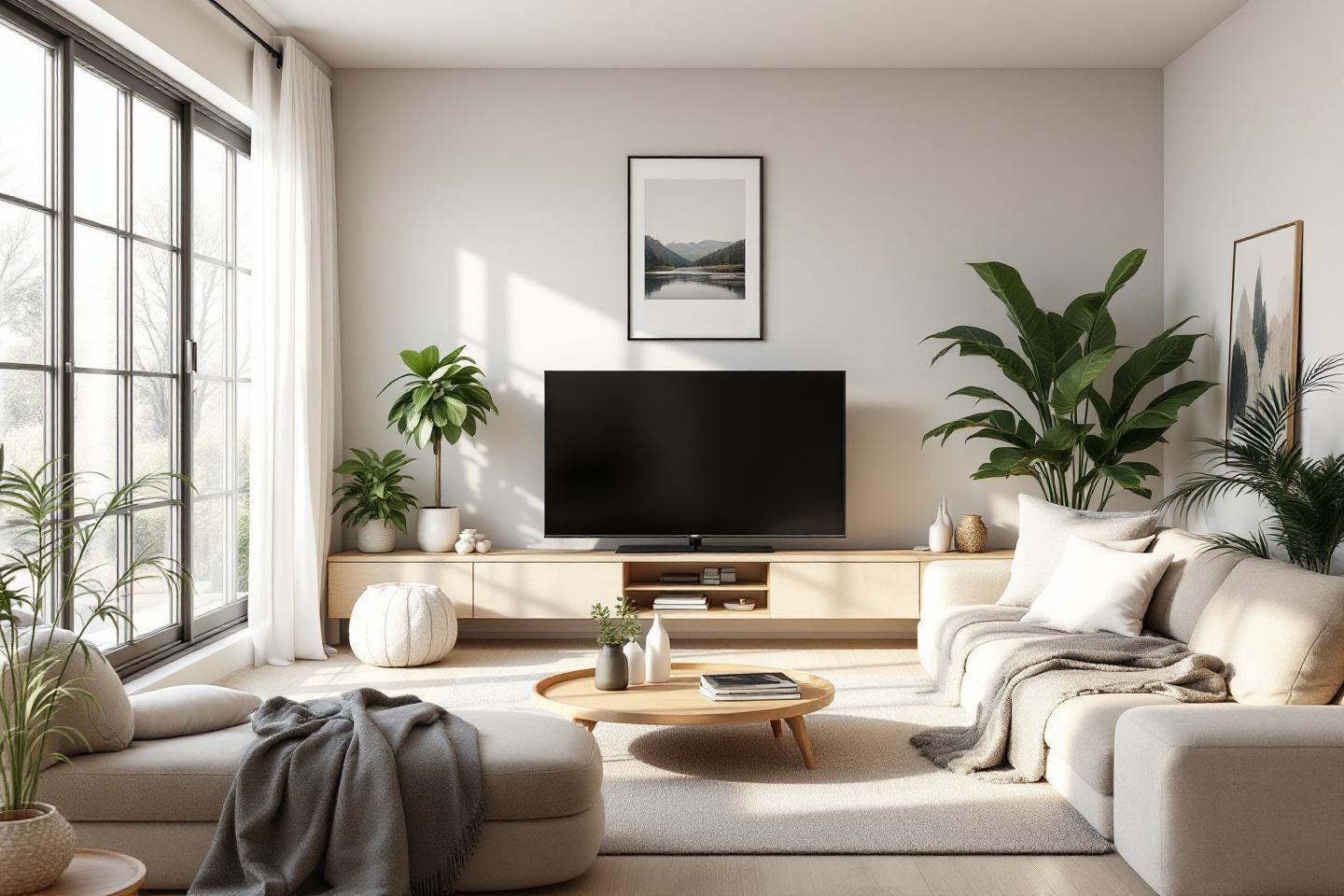 Int&eacute;rieur scandinave avec canap&eacute;, plantes, t&eacute;l&eacute;vision et large fen&ecirc;tre