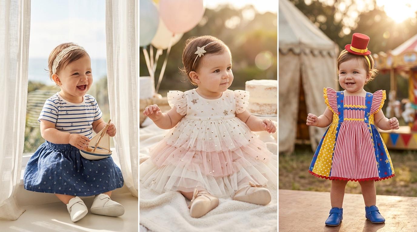 Trois fillettes souriantes portant des robes color&eacute;es et des accessoires