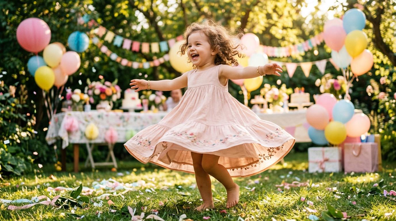 Petite fille dansant joyeusement lors d'une f&ecirc;te avec ballons color&eacute;s