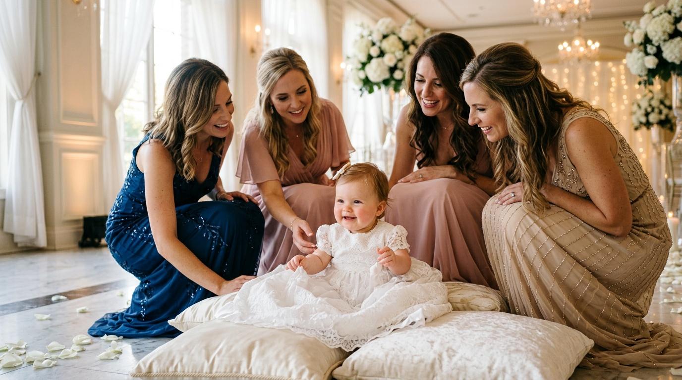 Cinq femmes souriantes c&eacute;l&egrave;brent avec un b&eacute;b&eacute; en robe blanche