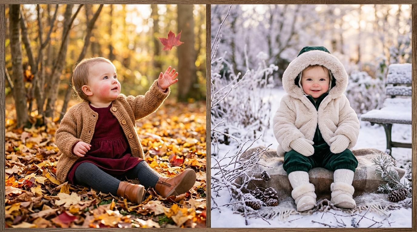 Enfant en automne et hiver, deux saisons contrast&eacute;es.