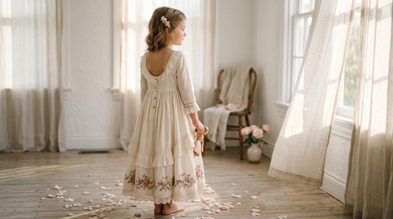 Fillette v&ecirc;tue d'une robe blanche classique dans une chambre lumineuse