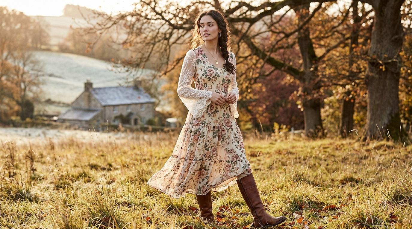 Femme en robe fleurie dans paysage automnal