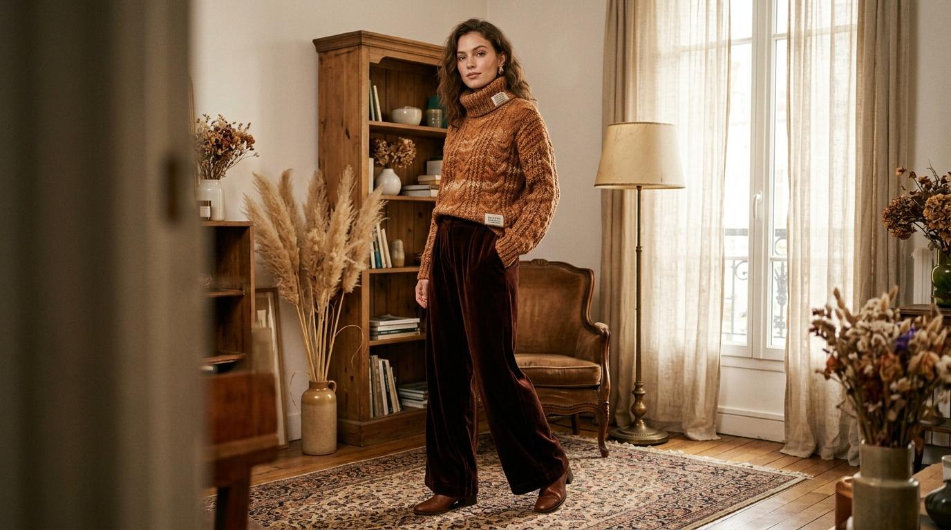 Femme en pull ocre et pantalon bordeaux pose dans salon.