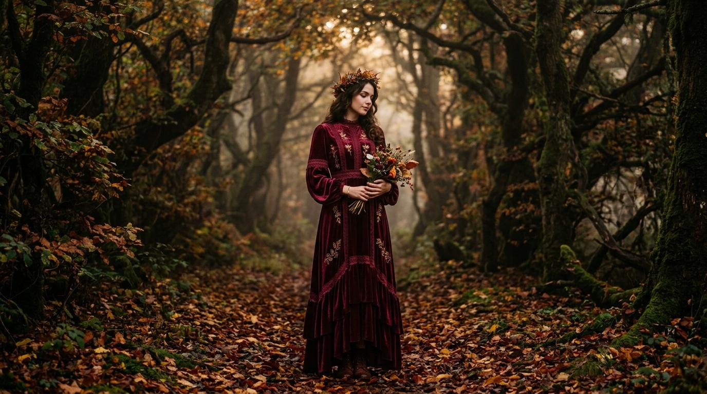 Jeune fille en robe bordeaux tenant des fleurs séchées dans une forêt automnale