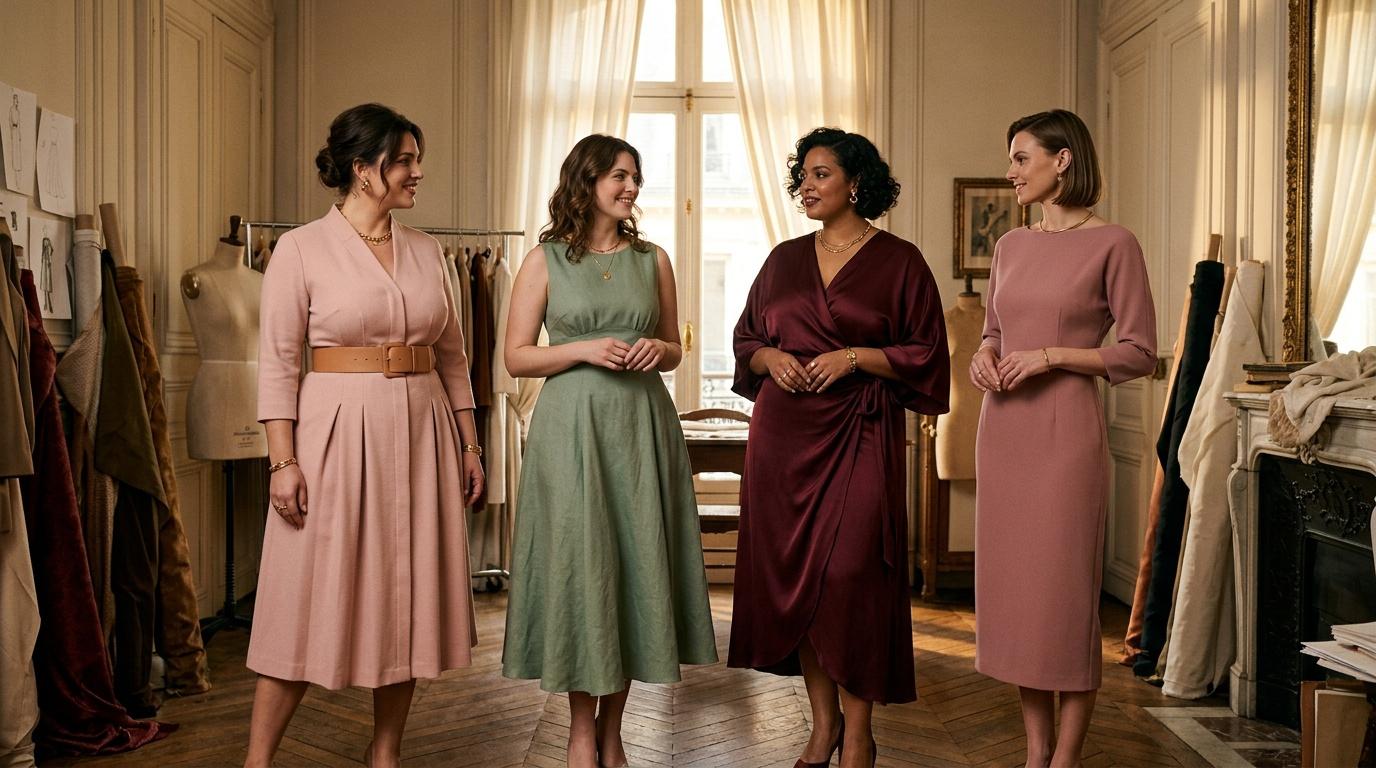 Quatre femmes en robes élégantes discutent dans un atelier de mode