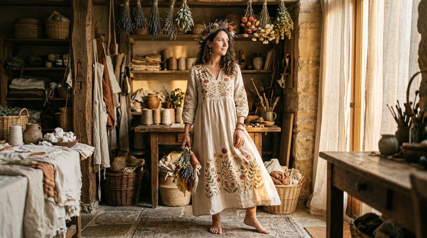 Femme dans atelier rustique entouré fleurs séchées herbes