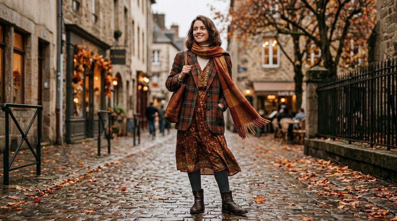 Femme souriante dans rue pavée automnale européenne