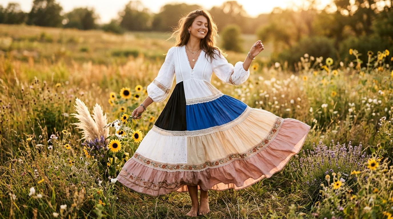 Femme vêtue traditionnellement dansant dans un champ de fleurs sauvages