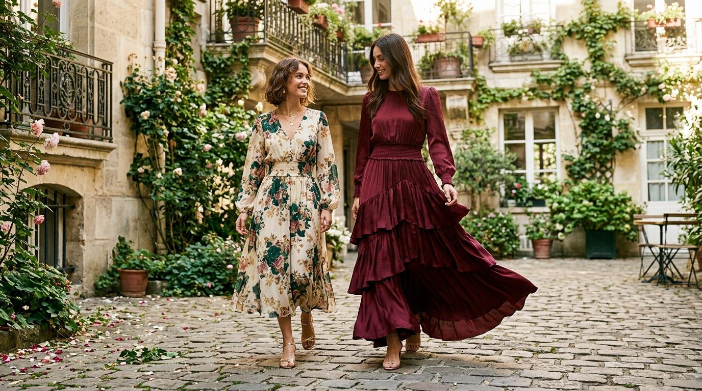 Deux femmes marchent souriantes dans une cour pavée fleurie