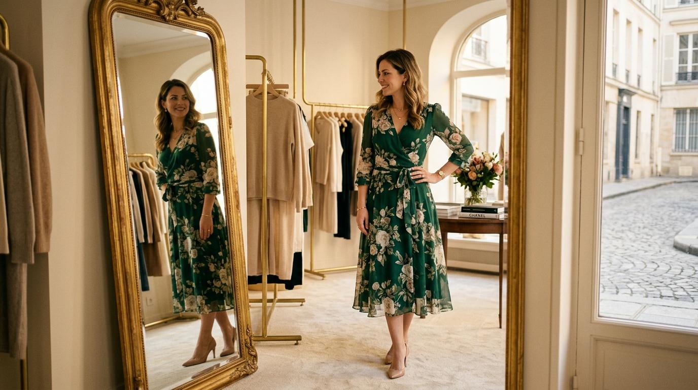 Femme essayant robe verte fleurie dans boutique &eacute;l&eacute;gante
