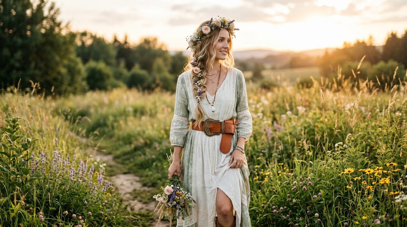 Femme en robe blanche avec couronne florale dans champ