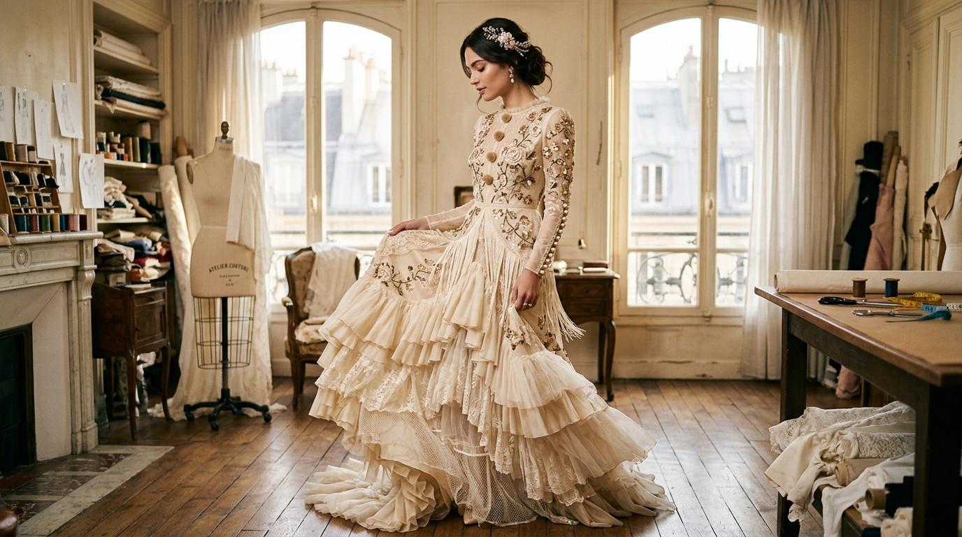 Femme en robe de mari&eacute;e dans un atelier de couture parisien luxueux