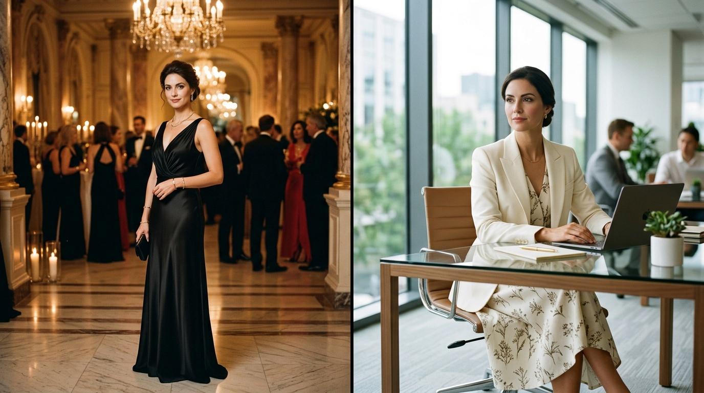 Femme en robe noire &agrave; gala et femme en blazer beige au bureau