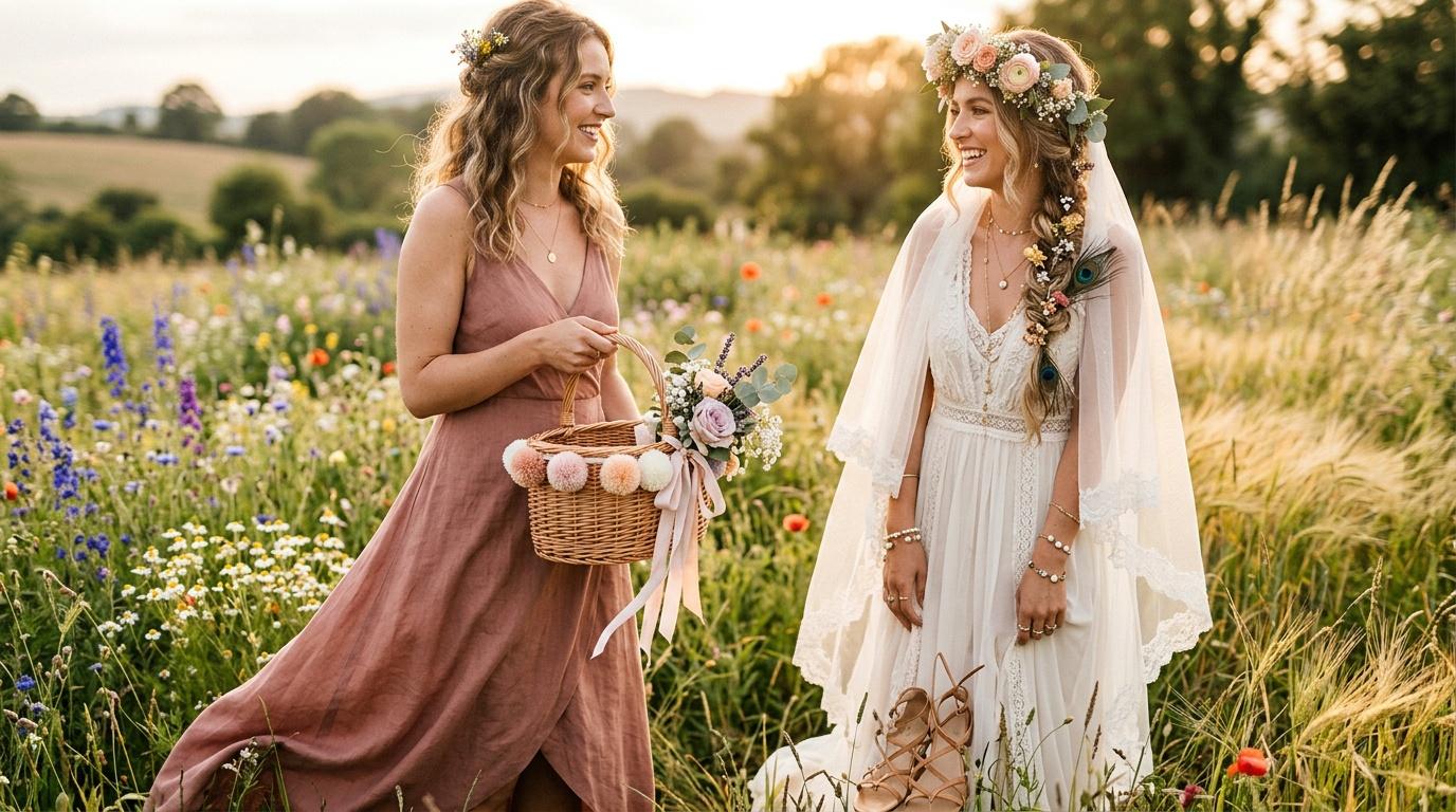 Deux femmes en robes de mariage dans un champ de fleurs color&eacute;es