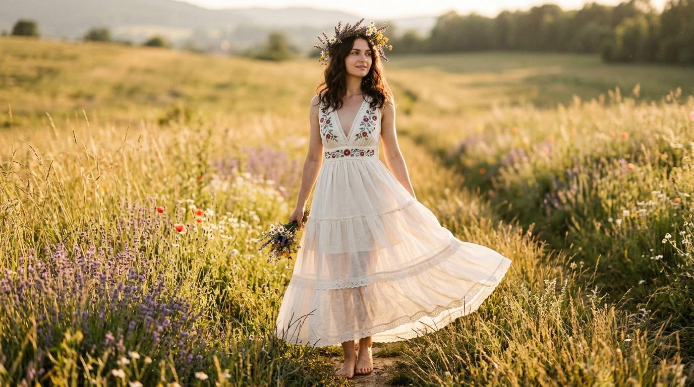 Femme robe blanche couronne fleurs champ lavande