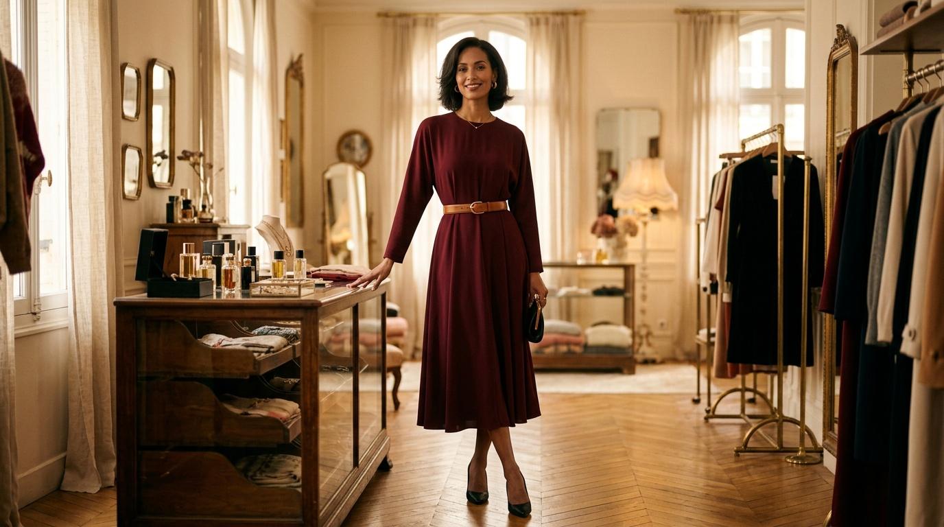 Femme en robe bordeaux dans un luxueux dressing avec miroirs et v&ecirc;tements