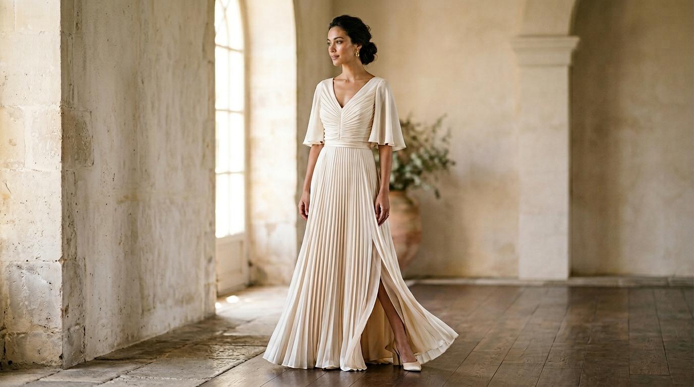 Femme en robe blanche pliss&eacute;e dans couloir architectural