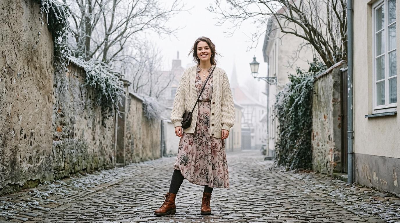 Jeune femme souriante dans une ruelle pav&eacute;e historique en hiver