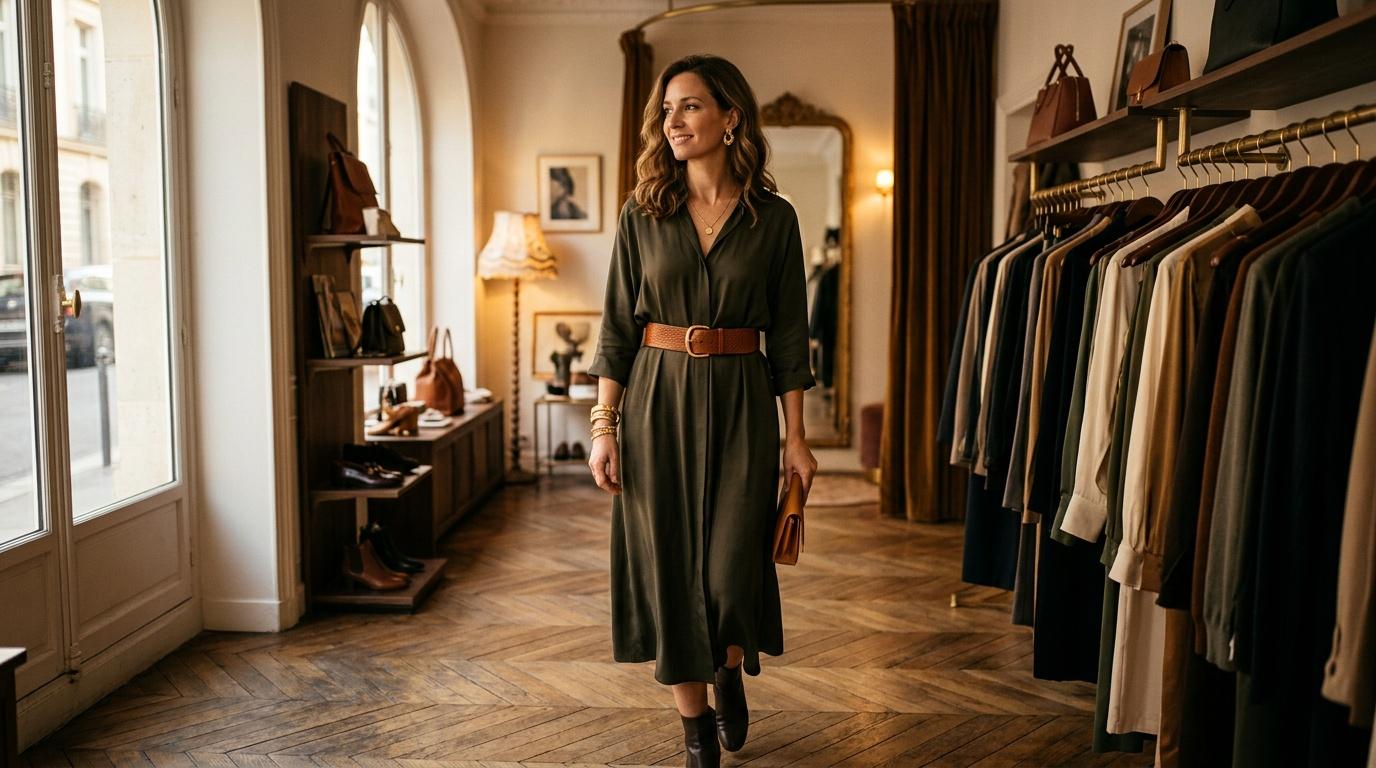 Femme en robe verte dans une boutique de luxe chic