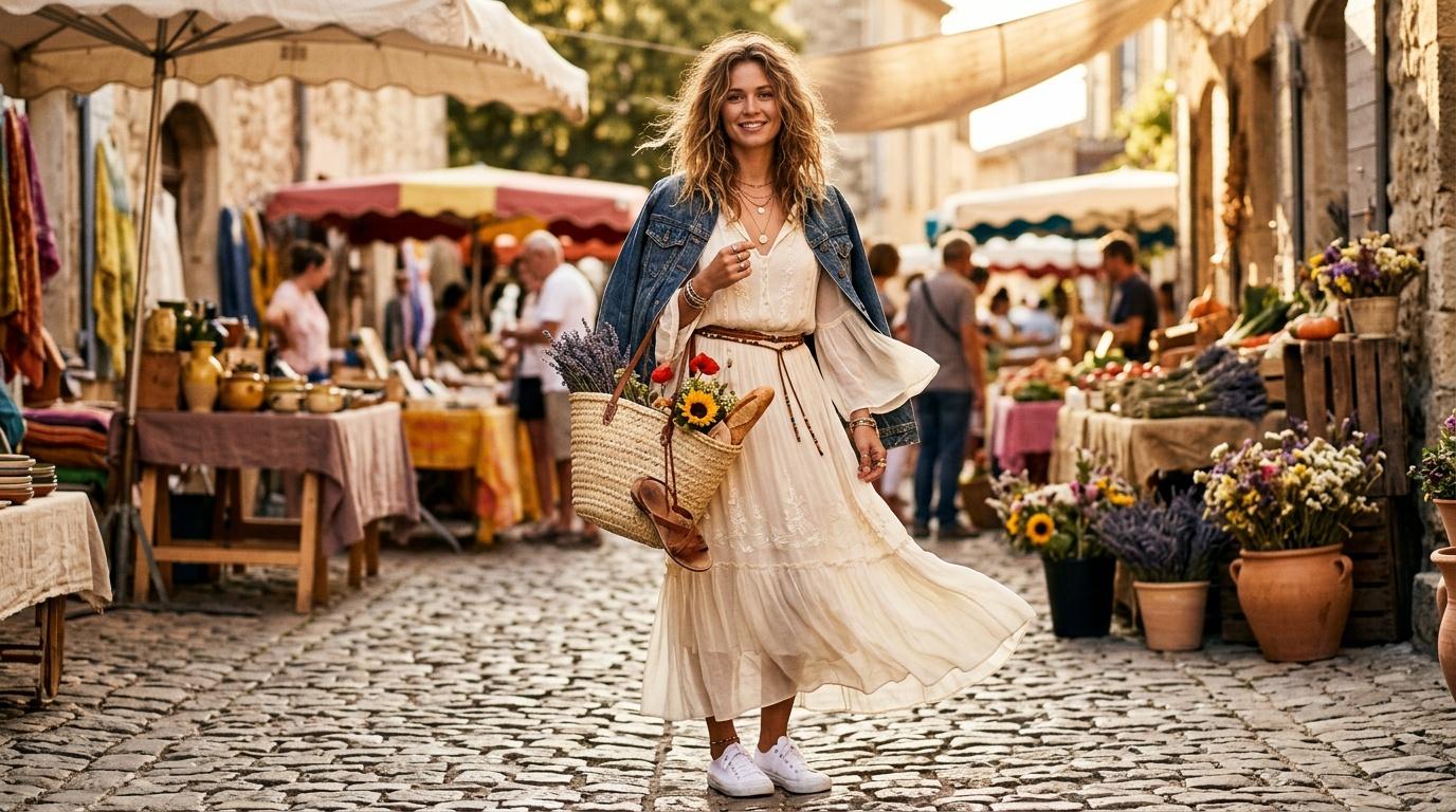 Femme souriante au march&eacute; avec panier de fleurs