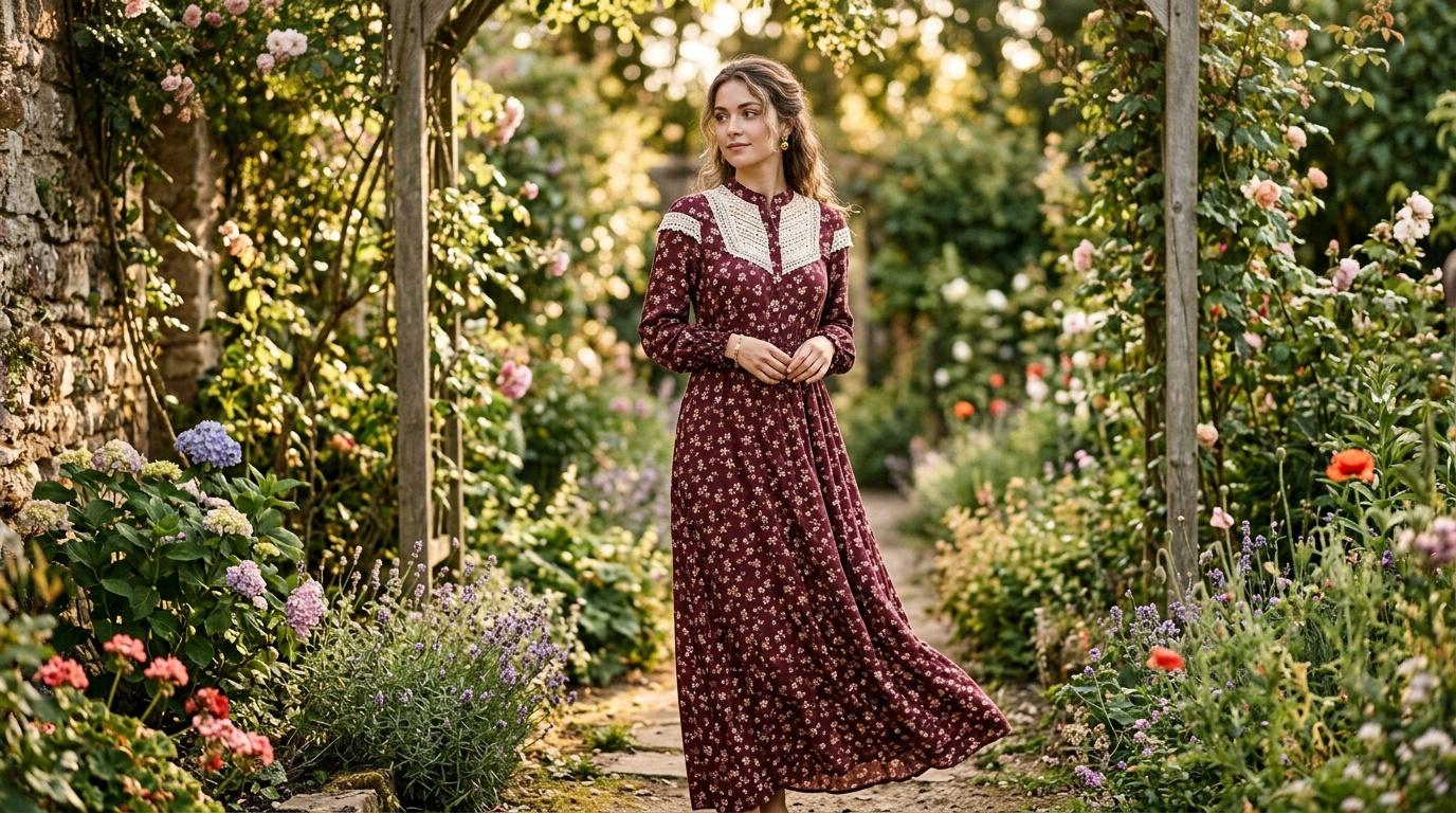 Femme en robe bordeaux dans une all&eacute;e de jardin floral