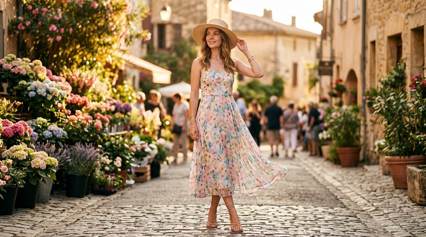Femme en robe florale dans une rue pav&eacute;e fleurie