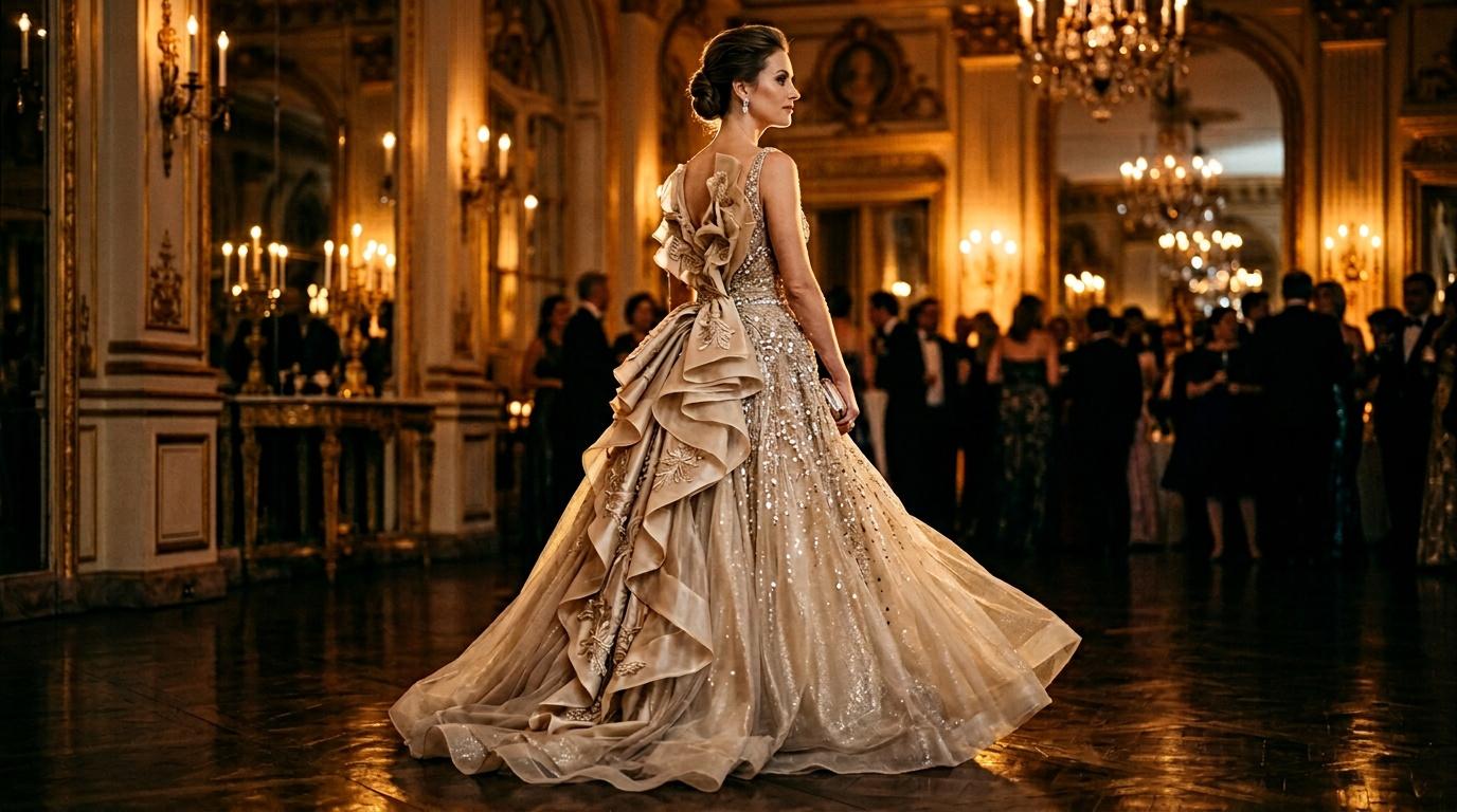 Femme en robe de gala scintillante dans un ch&acirc;teau luxueux