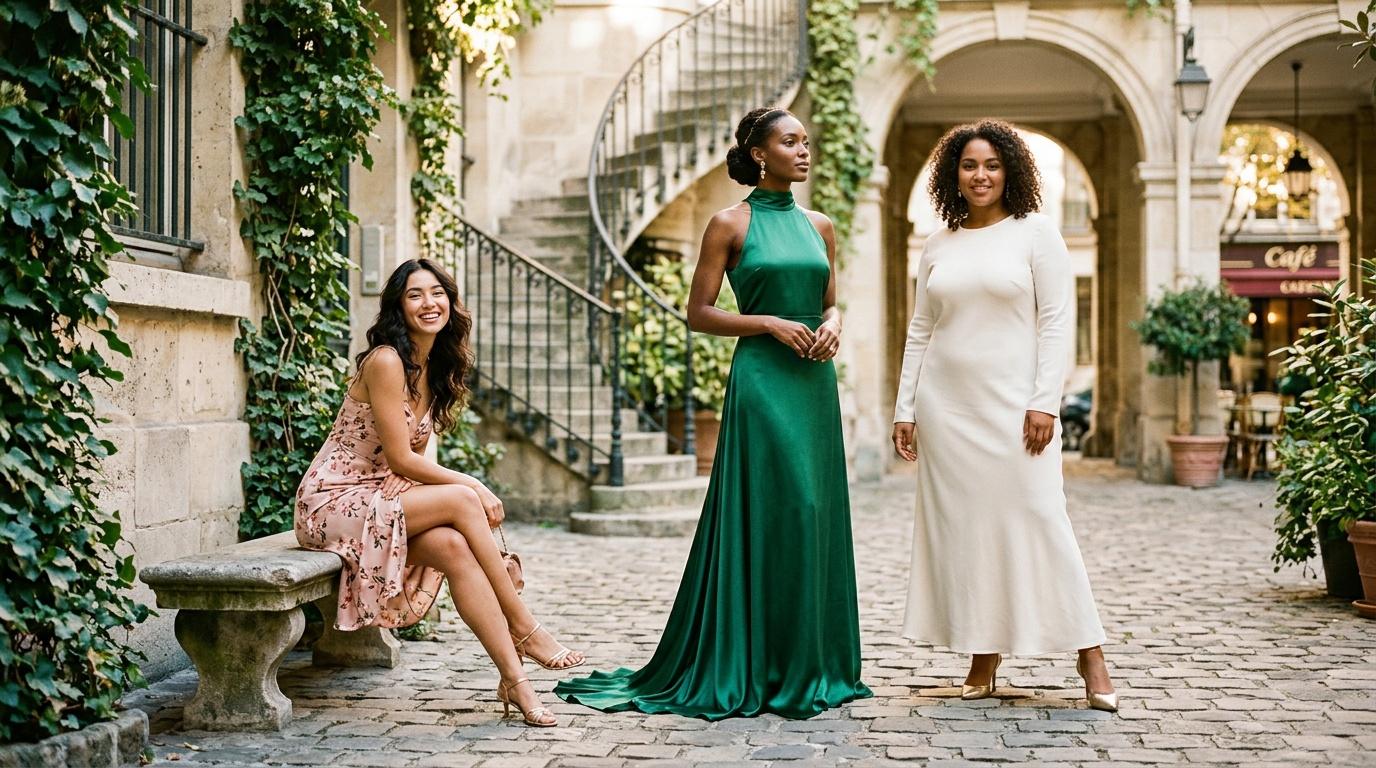 Trois femmes en tenues &eacute;l&eacute;gantes posent dans une cour pav&eacute;e avec lierre