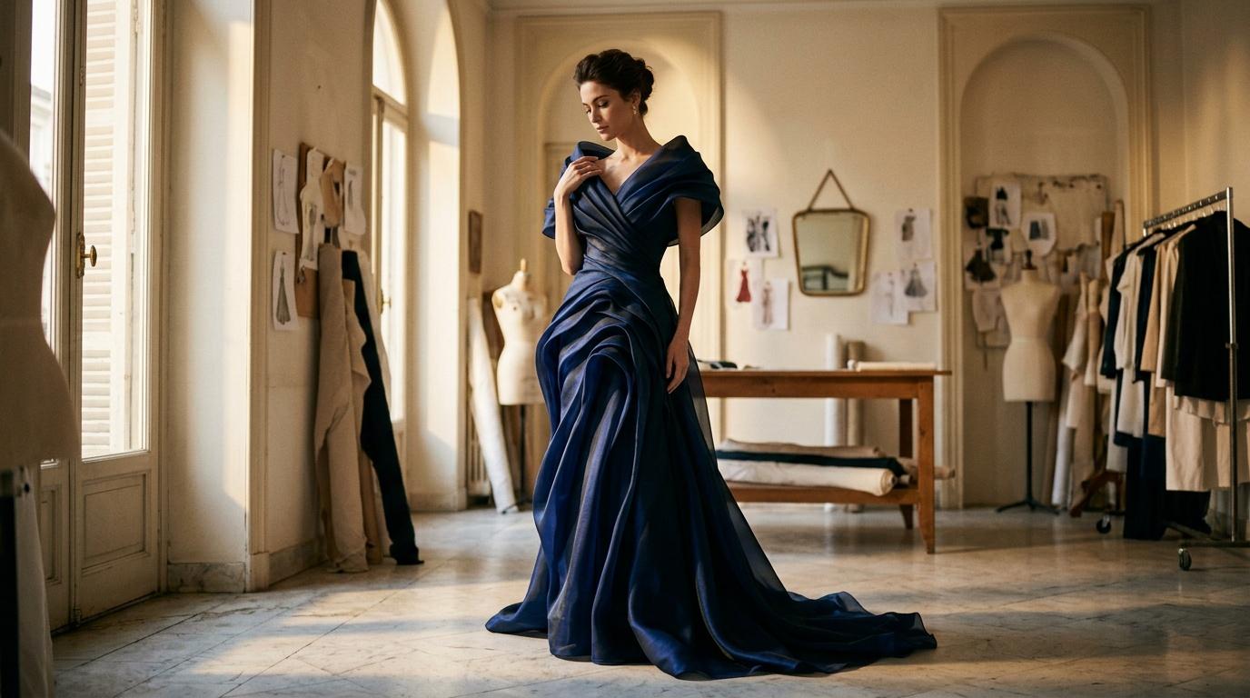 Femme en robe bleue dans un atelier de mode &eacute;l&eacute;gant