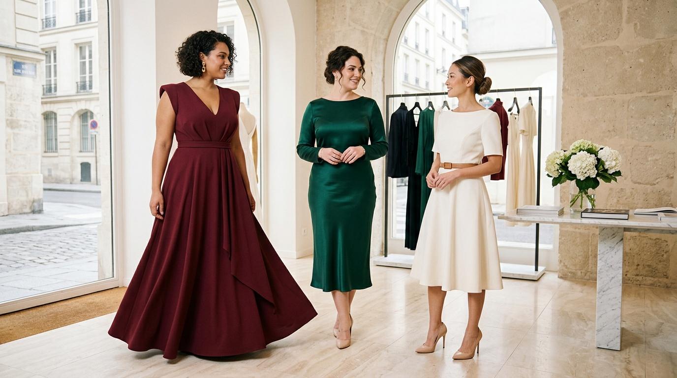 Trois femmes en robes de soir&eacute;e dans boutique de luxe parisienne