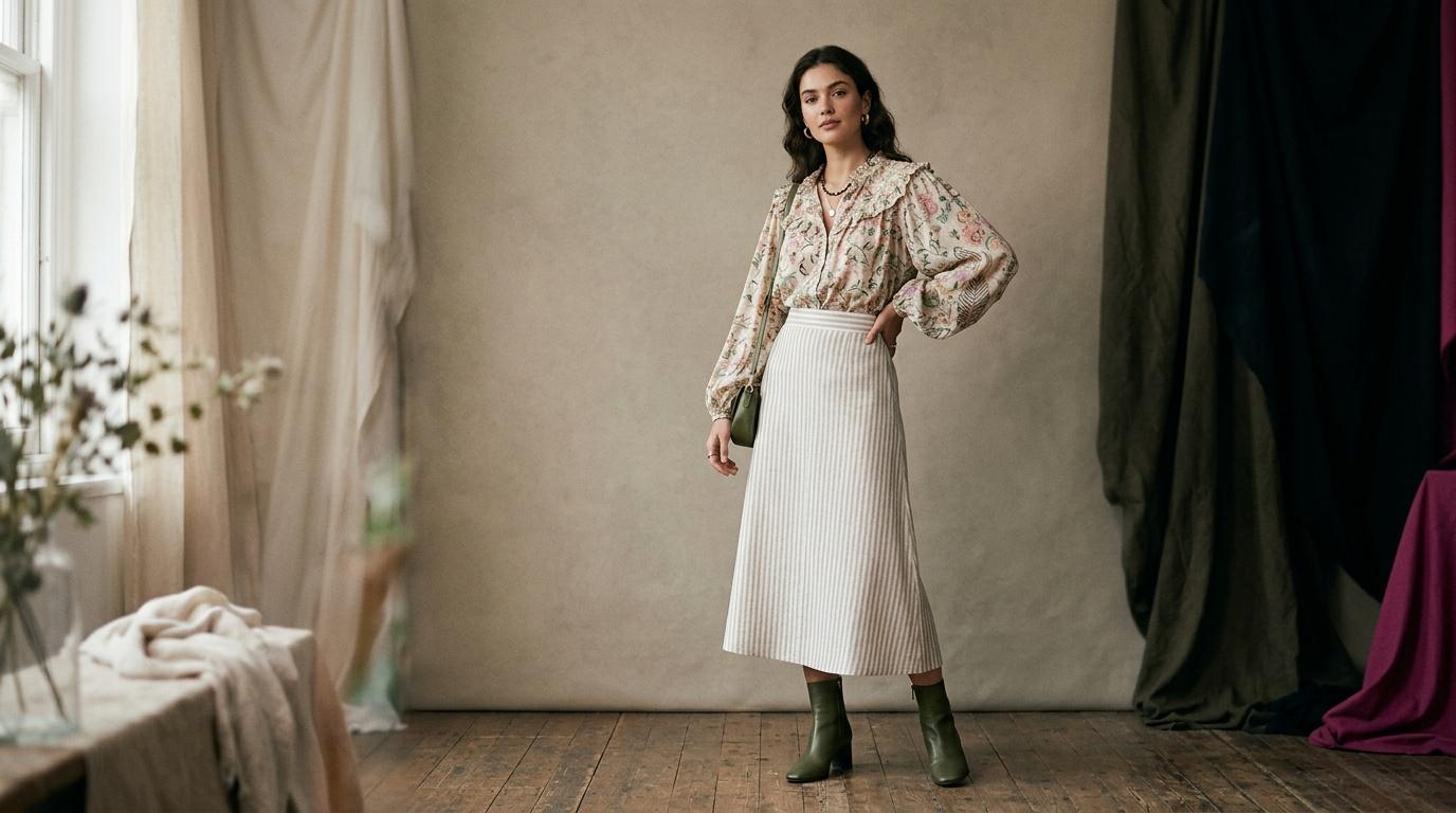 Femme en blouse fleurie et jupe pliss&eacute;e blanche.