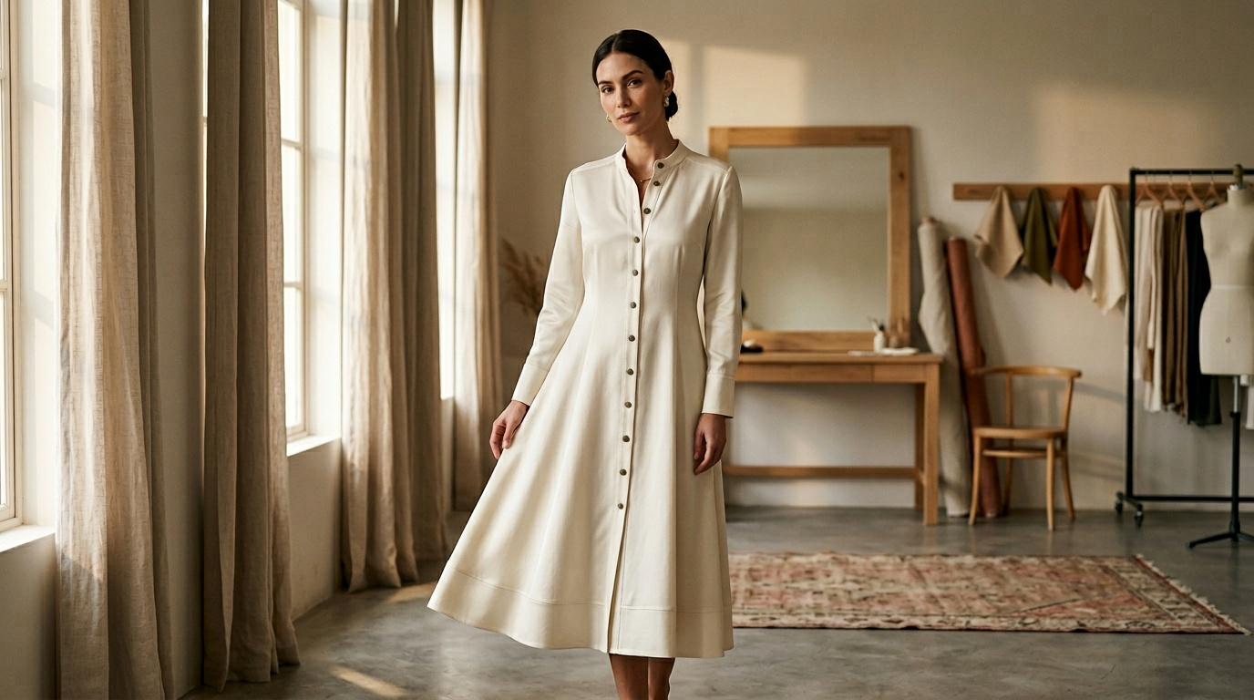 Femme portant une robe blanche boutonn&eacute;e dans un atelier de mode