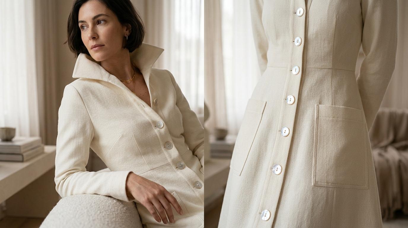 Femme portant un blazer cr&egrave;me boutonn&eacute;e, assise &eacute;l&eacute;gamment