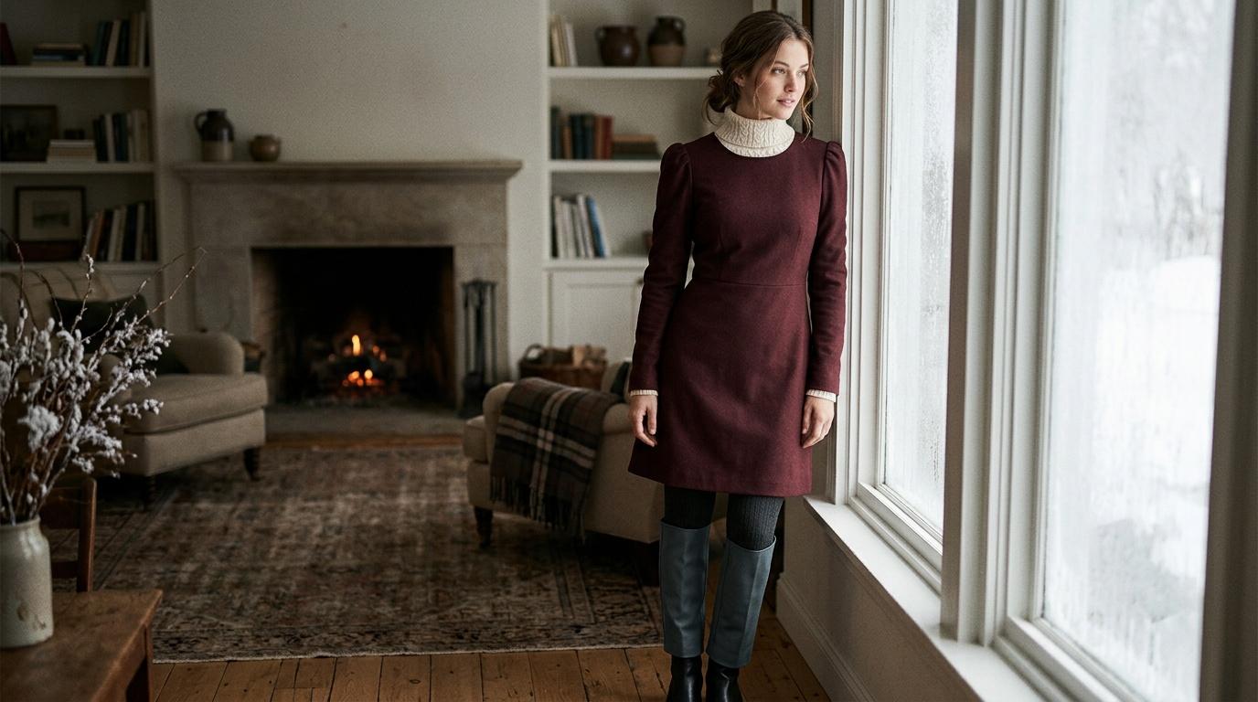 Femme en robe bordeaux et col roul&eacute; blanc pr&egrave;s d'une fen&ecirc;tre