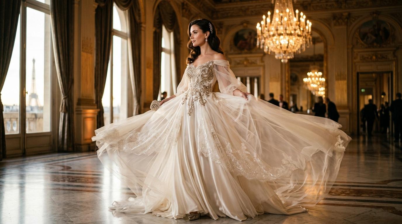 Femme en robe de mari&eacute;e blanche dans un salon de luxe