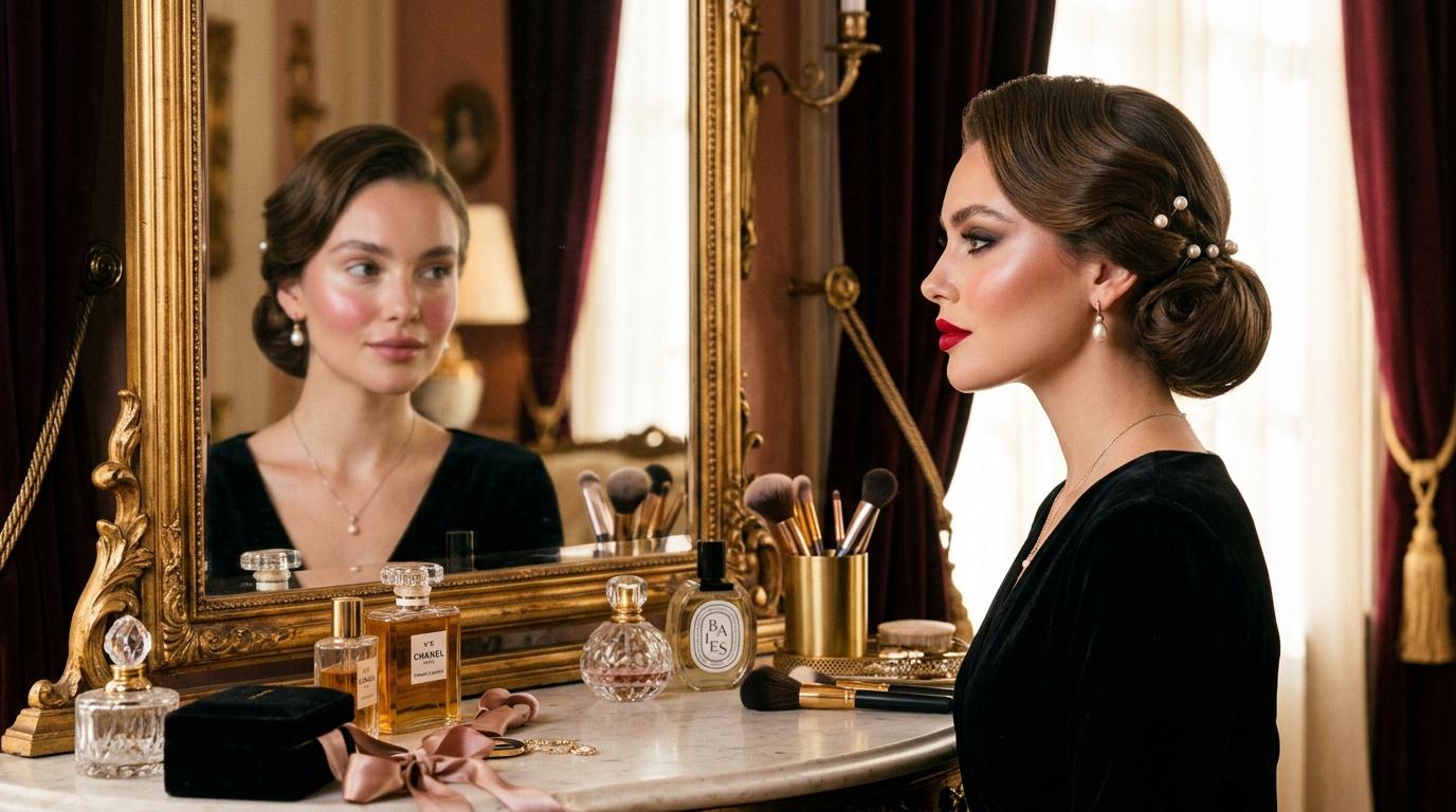 Femme &eacute;l&eacute;gante se regardant dans miroir dor&eacute; luxueux