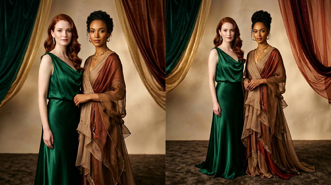 Deux femmes portent des robes vertes et marron style romain.