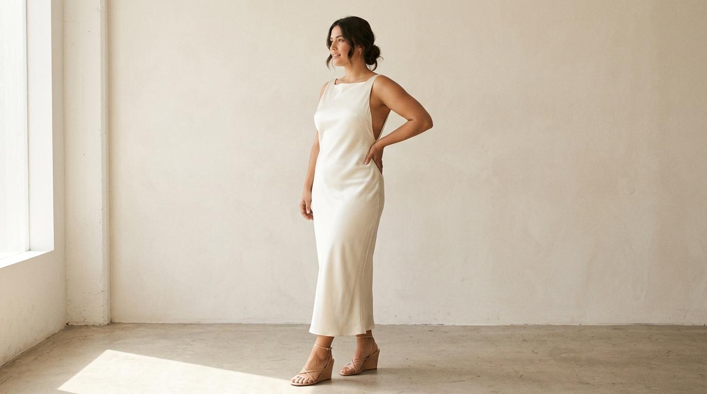 Femme portant une robe blanche fluide dans un intérieur épuré
