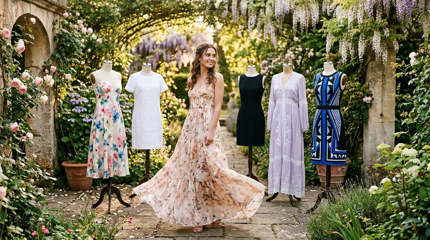Mannequins présentant robes dans allée fleurie couverte