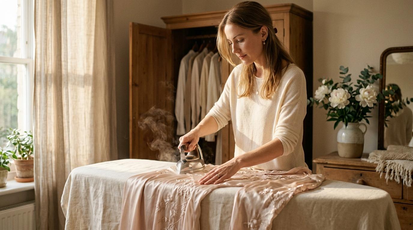 Femme repassant du linge beige sur un lit blanc