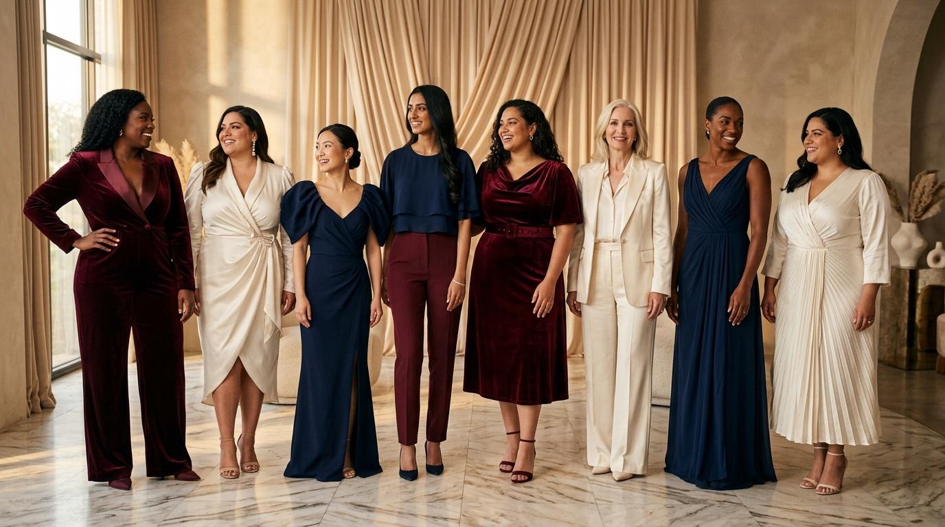 Huit femmes en tenues formelles color&eacute;es posent ensemble souriantes