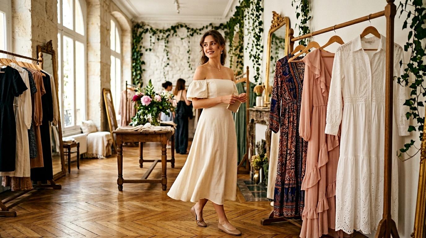 Femme essayant robe blanche dans boutique de luxe