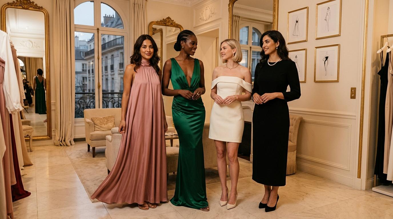 Quatre femmes en robes de soir&eacute;e dans un salon de couture parisien