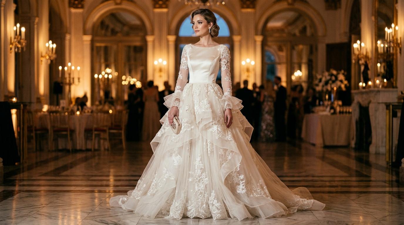 Femme en robe de mari&eacute;e blanche dans un palais dor&eacute;
